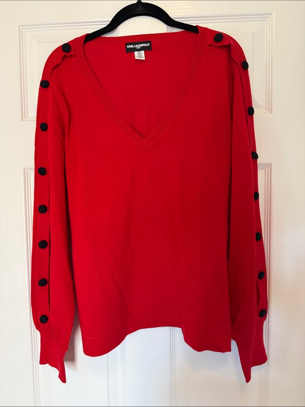 Karl Lagerfeld Red V-Neck Sweater with Black Button Trim